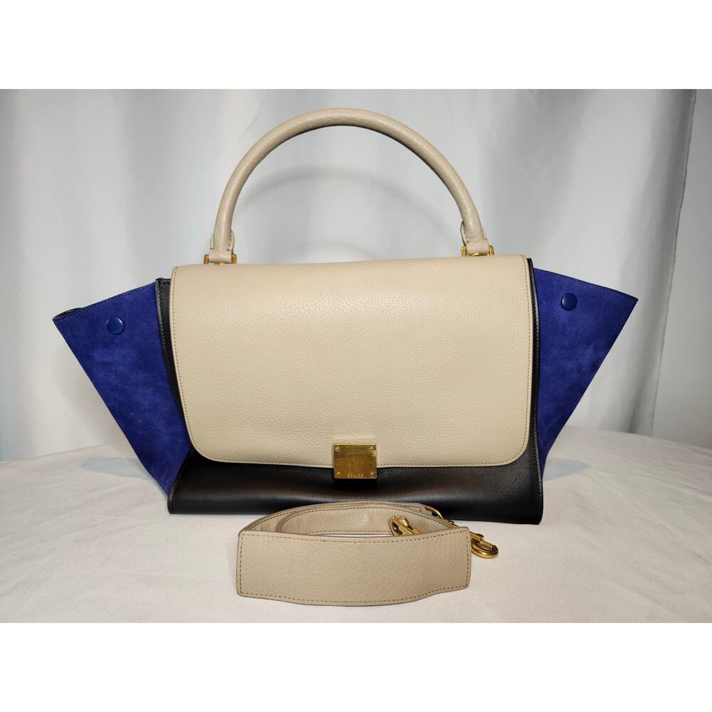 Celine Trapeze Bag Tri-Color Leather Suede Blue Cream Black Shoulder Bag Tote